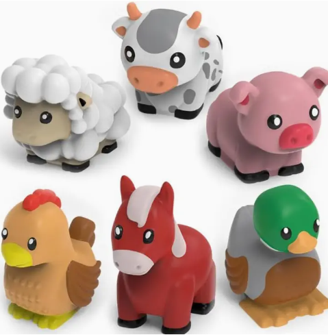 The TubWorks Barnyard Mold Free Bath Toys 6 Pack features brightly colored, cartoon-like farm animals—a sheep, cow, pig, chicken, horse, and duck—each with playful designs on a plain white background.