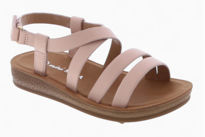 Fashion Emporio's Sunset Strap Sandals feature a light pink design with three horizontal straps, one diagonal strap, an ankle buckle, and a cushioned brown sole with subtle heel texture.