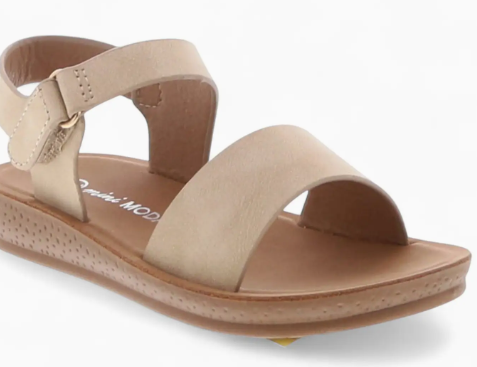 The Fashion Emporio Sandy Lane Sandal is a beige open-toe style featuring a wide front strap, ankle strap with hook-and-loop closure, and a textured sole.