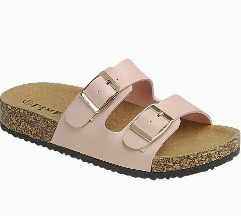 The Fashion Emporio Pebble Path Buckle Sandal is a pink sandal featuring two adjustable buckle straps, a cork footbed, and a black textured rubber sole, shown from a slight angle.