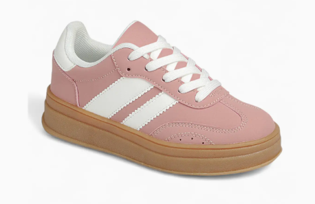 The Rosy Runner Sneakers by Fashion Emporio feature a pink design with white laces, white side stripes, and a tan rubber sole, shown against a white background.