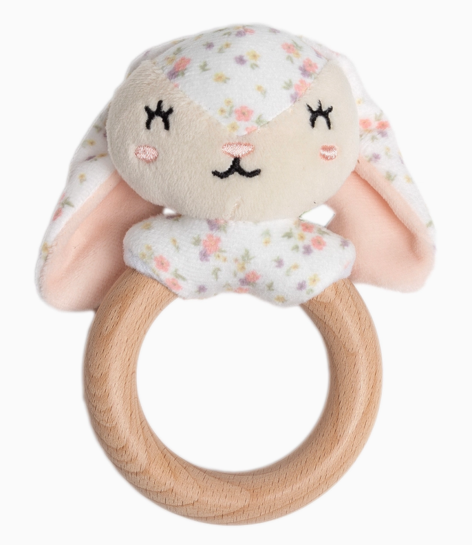 The PearHead Floral Snuggle Bunny Teether features a soft plush bunny head with floral patterns and floppy ears attached to a smooth, circular wooden ring.