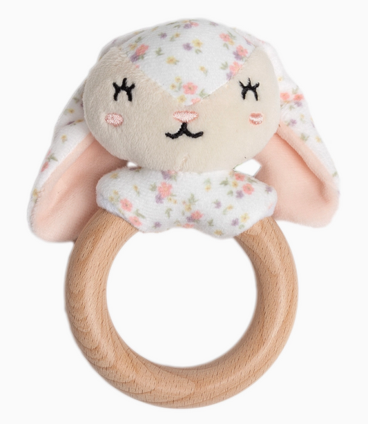 The PearHead Floral Snuggle Bunny Teether features a soft plush bunny head with floral patterns and floppy ears attached to a smooth, circular wooden ring.
