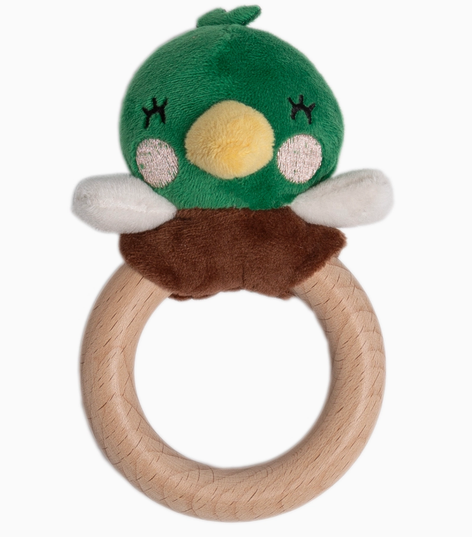 The PearHead Snuggle Duck Baby Teether features a plush green bird with a yellow beak and rosy cheeks attached to a smooth, round wooden ring, shown on a white background.