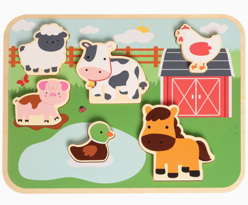 The PearHead Wooden Barn Animal Puzzle features a sheep, cow, chicken, pig, duck, and horse on a colorful board with grass, pond, red barn, fence, and sunny sky—perfect for introducing little ones to farm animals.