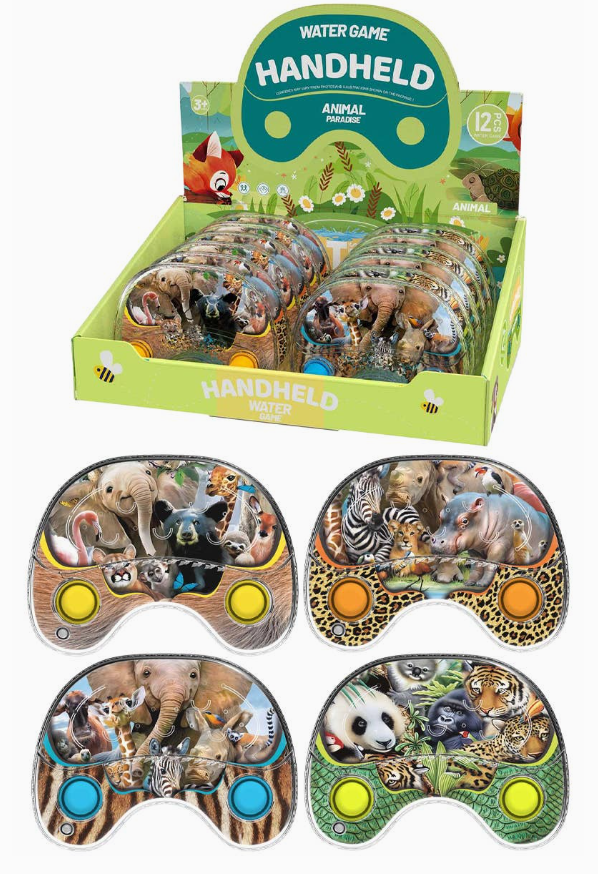 Capzone's Animal Paradise Joystick Ring Toss Water Game display box features handheld water games with wild animal designs like elephants, pandas, tigers, and zebras. Three colorful games are shown below the display.