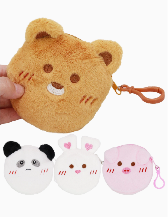 Capzone Animals Fuzzy Plushie Coin Purse Bag set features four small, round zippered purses with keychains—bear, panda, pig, and rabbit with heart ears. The image shows a hand holding the bear design.