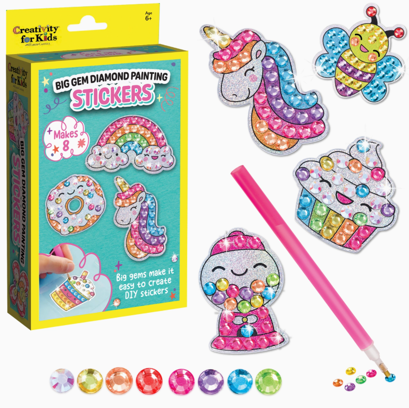 The Creativity For Kids Big Gem Diamond Painting Stickers Mini Kit includes a unicorn, bee, cupcake, rainbow, and figure sticker, plus colorful gems and a pink stylus tool. Designed for ages 6+.