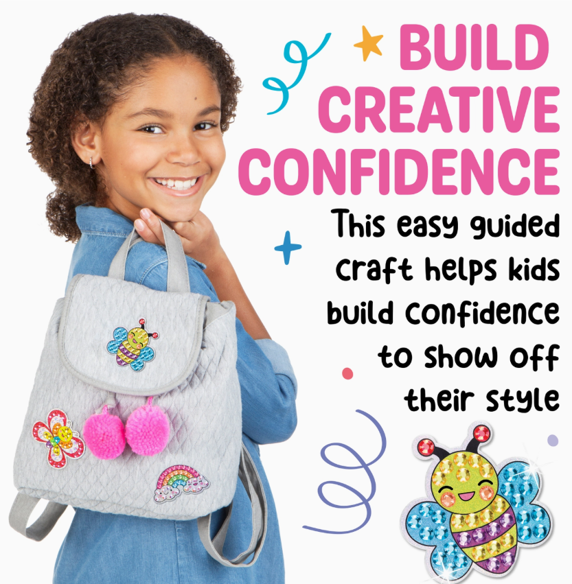 A smiling girl holds the Big Gem Diamond Painting Stickers Mini Kit by Creativity For Kids, next to text: “Build creative confidence. This easy kit helps kids express their style,” surrounded by playful doodles and stickers.