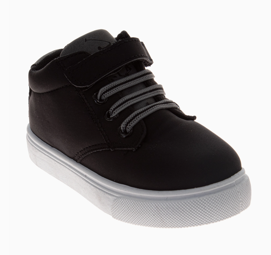 The Midnight Mini High-Tops by Josmo Shoes Inc feature a black design with a white sole, gray laces, and a black hook-and-loop ankle strap, shown against a plain white background.