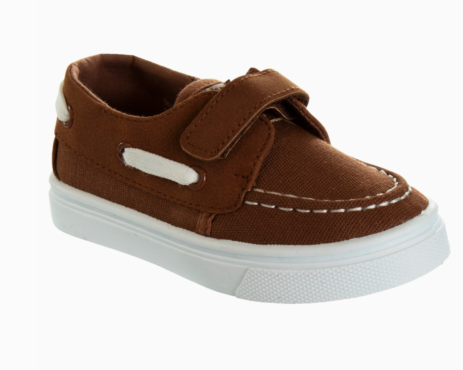 The Sandy Shore Sneakers by Josmo Shoes Inc are brown canvas toddler shoes with white stitching, a white rubber sole, and a hook-and-loop strap, displayed on a plain white background.