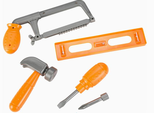 The Toy Smith My Play Carpenter Set includes an orange and gray saw, a small orange level, a matching hammer, an orange screwdriver handle, and two interchangeable bits.