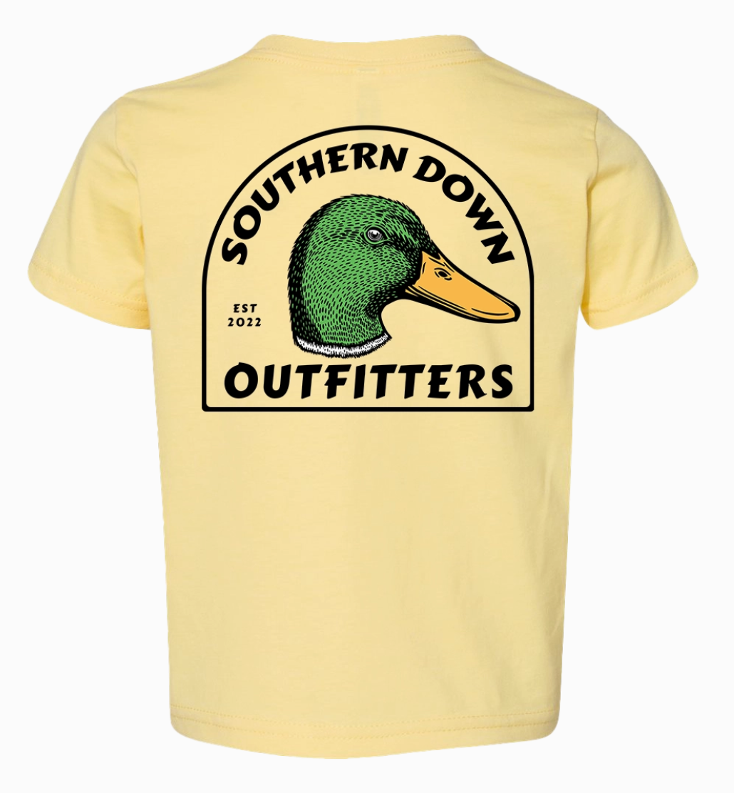 The Mallard Duck Head Toddler Tee by Wild Trail Outfitters is a yellow t-shirt with a large mallard duck head graphic and "Wild Trail Outfitters" plus "Est 2022" on the back.