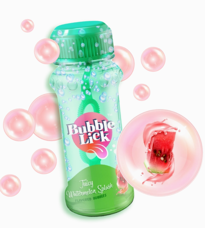 A green bottle labeled Bubblelic - Watermelon Bubbles by Tiny Tot Bundles is surrounded by pink bubbles and a close-up bubble with a watermelon slice on a white background.