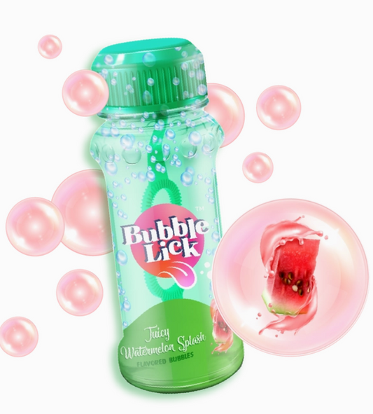 A green bottle labeled Bubblelic - Watermelon Bubbles by Tiny Tot Bundles is surrounded by pink bubbles and a close-up bubble with a watermelon slice on a white background.