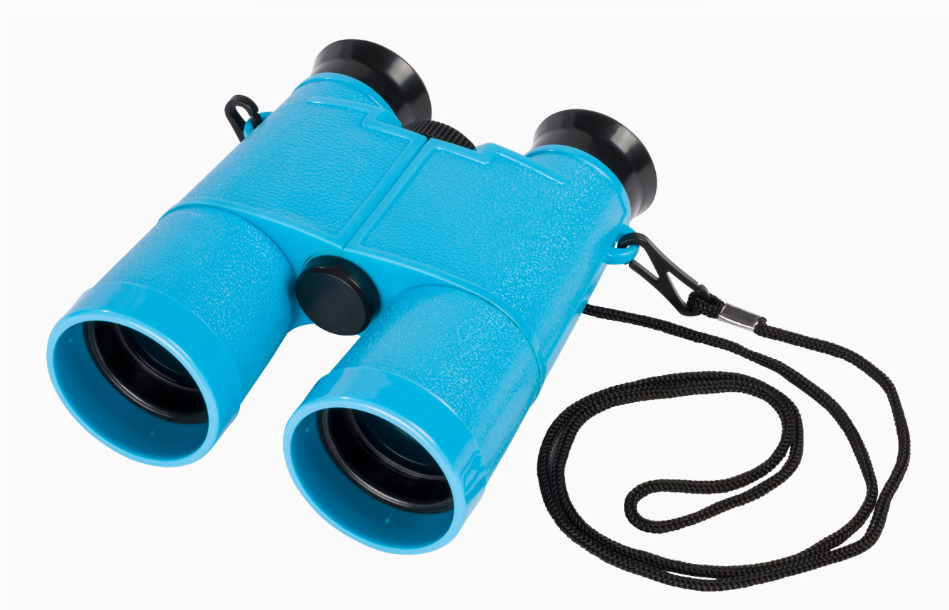 The Toy Smith Outdoor Discovery Field Binoculars feature bright blue bodies, black eyepieces, and a black neck strap, shown against a white background.