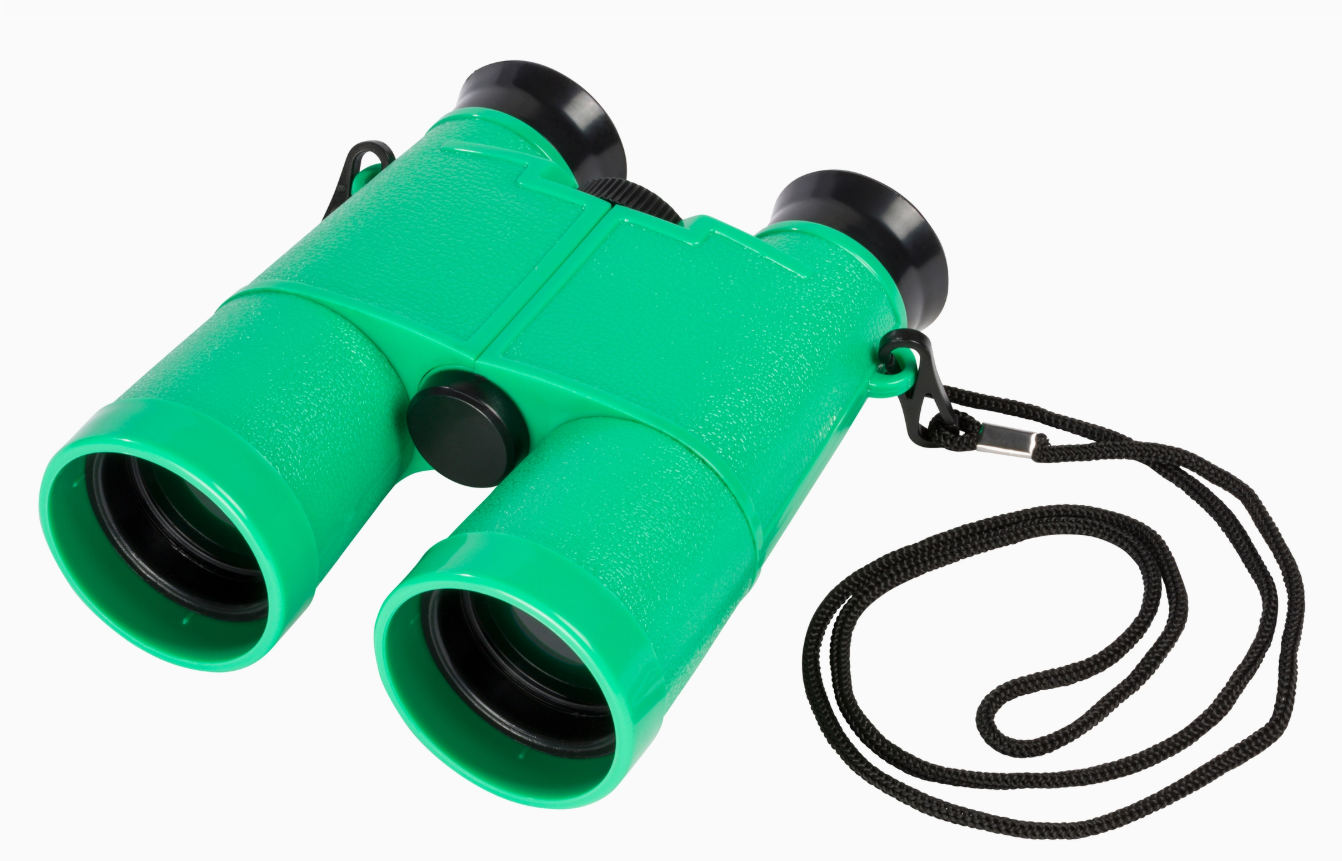 The Toy Smith Outdoor Discovery Field Binoculars feature bright green bodies, black eyepieces, and a black neck strap, shown against a white background.