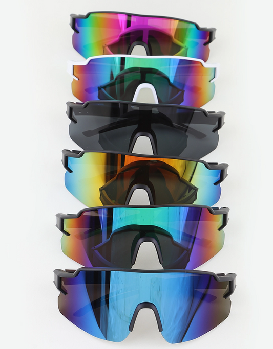 Six pairs of Cool Shield Wrap Sunglasses by 3AM BY H&D ACCESSORIES are stacked vertically, each featuring black frames and different reflective lens colors—pink, yellow, amber, green, and blue—displayed against a white background.