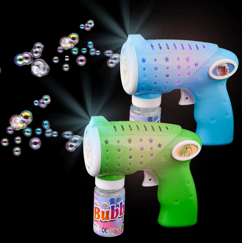 Two Magic Bubble Blaster guns by The Toy Network—one blue, one green—shoot bubbles into the air. Each has an attached bottle labeled "Bubble" and both are displayed against a black background.
