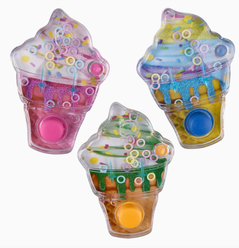 The Toy Network’s Ice Cream Water Game includes three handheld, ice cream cone-shaped toys with pink, blue, and yellow buttons. Each toy features colorful liquid and rings for a fun ring-toss water game.