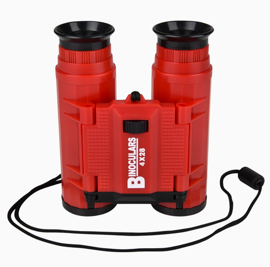 Sport Binoculars by The Toy Network feature red bodies, black eyepieces, a central focus wheel, and an attached black neck strap. Model labeled 4x28. Shown on a plain white background.