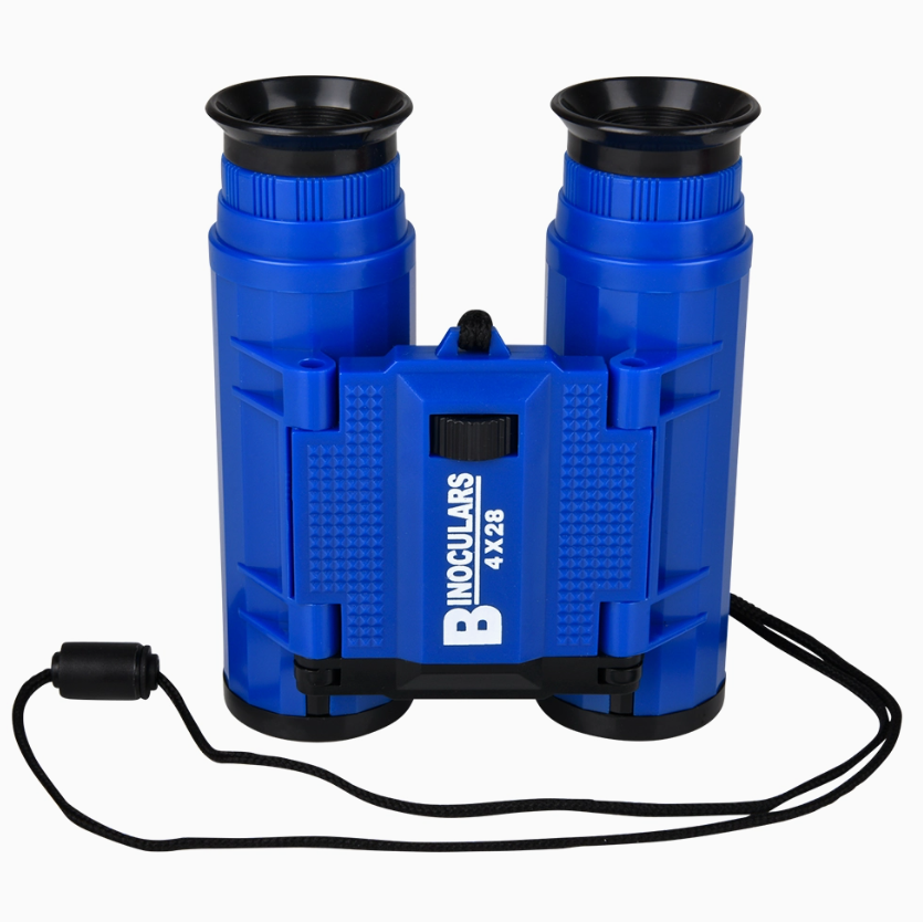 A pair of blue Sport Binoculars by The Toy Network features textured grips, "Binoculars 4x28" labeling on the front, and a black adjustable neck strap attached at the base.
