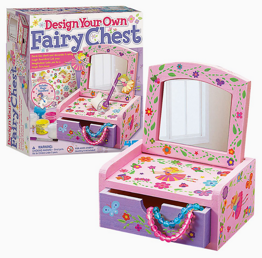 The Tiny Tot Bundles Design Your Own Fairy Chest kit includes a pink jewelry box with colorful flowers, butterflies, a mirror, and beaded necklaces. Recommended for ages 5 and up.