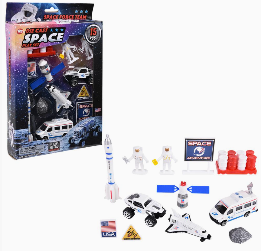 The Toy Network Diecast Space Play Set includes 15 pieces: astronauts, vehicles, rocket, flags, sign, rock, and accessories arranged beside packaging labeled Space Play Set and Space Force Team.