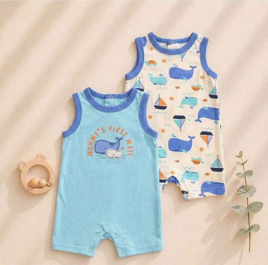 The Lollipop Dreams Little Whale Wonders Set features two sleeveless baby rompers—one light blue with a whale and "Mommys First Mate" text, and one white with blue trim, whales, fish, and sailboats—displayed with a wooden bear teether and a green branch.