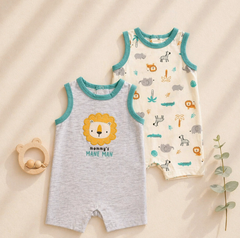 The Lollipop Dreams Mommy’s Mane Man Set features two sleeveless baby rompers—one gray with a lion and “mommy’s MANE MAN” text, one cream with animal prints—plus a lion-shaped teether and greenery on a beige, striped-shadow backdrop.