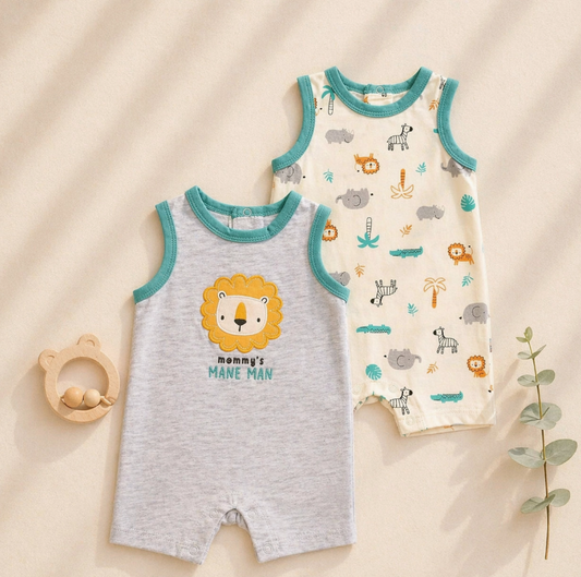 The Lollipop Dreams Mommy’s Mane Man Set features two sleeveless baby rompers—one gray with a lion and “mommy’s MANE MAN” text, one cream with animal prints—plus a lion-shaped teether and greenery on a beige, striped-shadow backdrop.