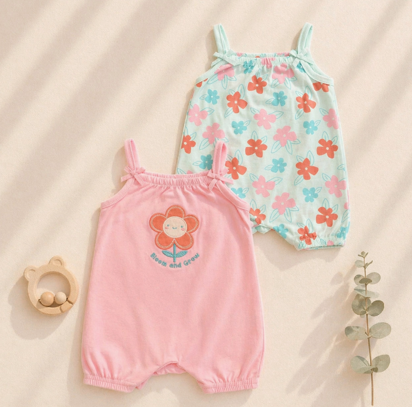 The Bloom & Grow Baby Set by Lollipop Dreams features two rompers—one pink with a smiling flower and the words "Best" and "Great," and one light blue with a floral pattern—displayed on beige with a wooden bear toy and eucalyptus branch.