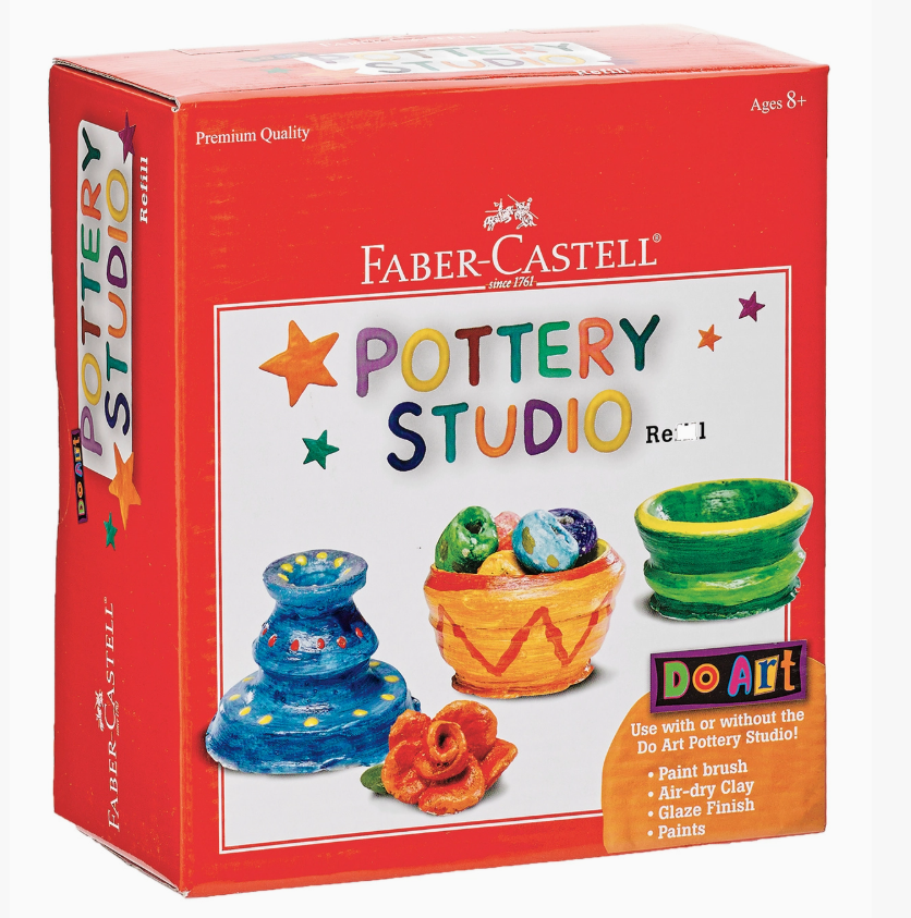 A red box for the Creativity For Kids Pottery Studio Refill Set with Clay and Paint, showing colorful clay pots and beads. The set includes air-dry clay, paints, a paintbrush, glaze finish. For ages 8+.