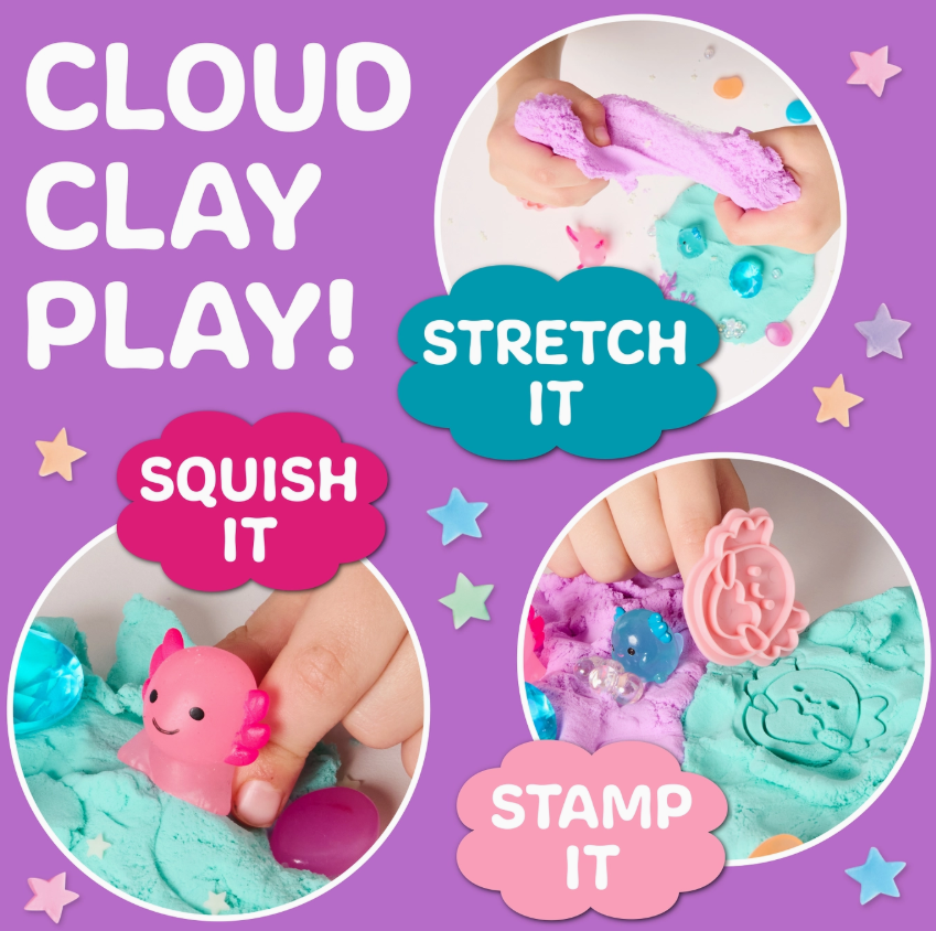 A colorful graphic for the Creativity For Kids Sensory Pack Axolotl Play Kit shows hands stretching purple clay, squeezing a pink axolotl into blue clay, and stamping blue clay with a pink tool. Decorative stars surround the playful scene.
