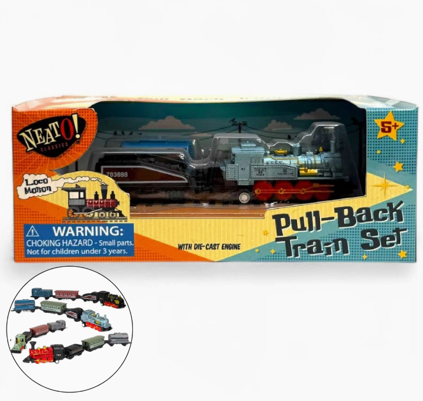 A boxed Toy Smith Neato! Pull-Back Train Set for ages 5+, featuring a die-cast engine visible through a window and a small parts warning. Inset displays assembled toy trains.