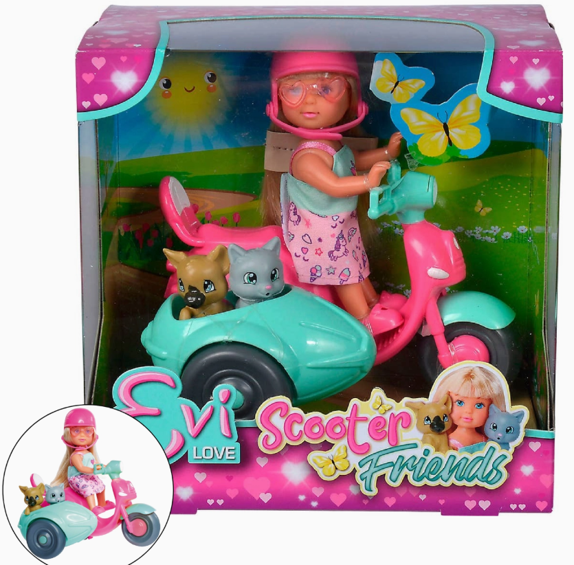 The Toy Smith Scooter Friends Playset Doll includes a doll with a pink helmet and glasses riding a pink and teal scooter with a sidecar holding two small animals, set against a colorful background.
