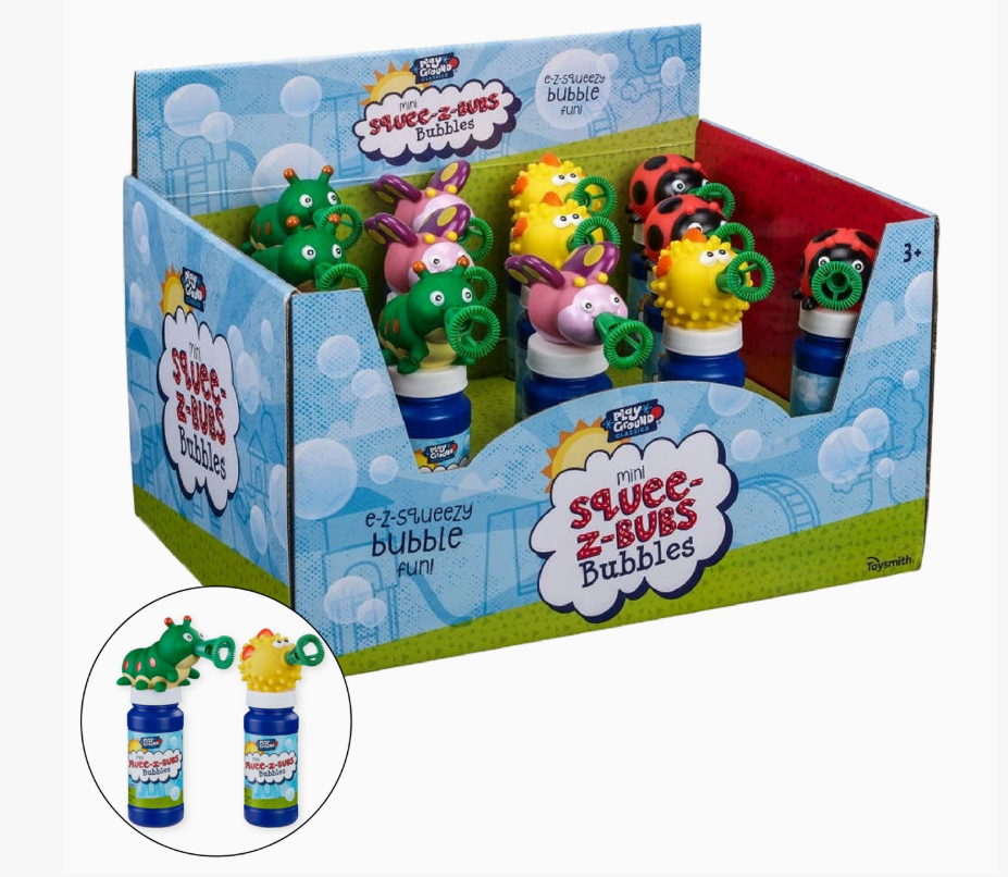 A display box of Toy Smith Mini Squee-Z Bub Bubbles, each with a colorful animal-shaped bubble topper. Inset: two bottles featuring green and yellow toppers. For ages 3+.
