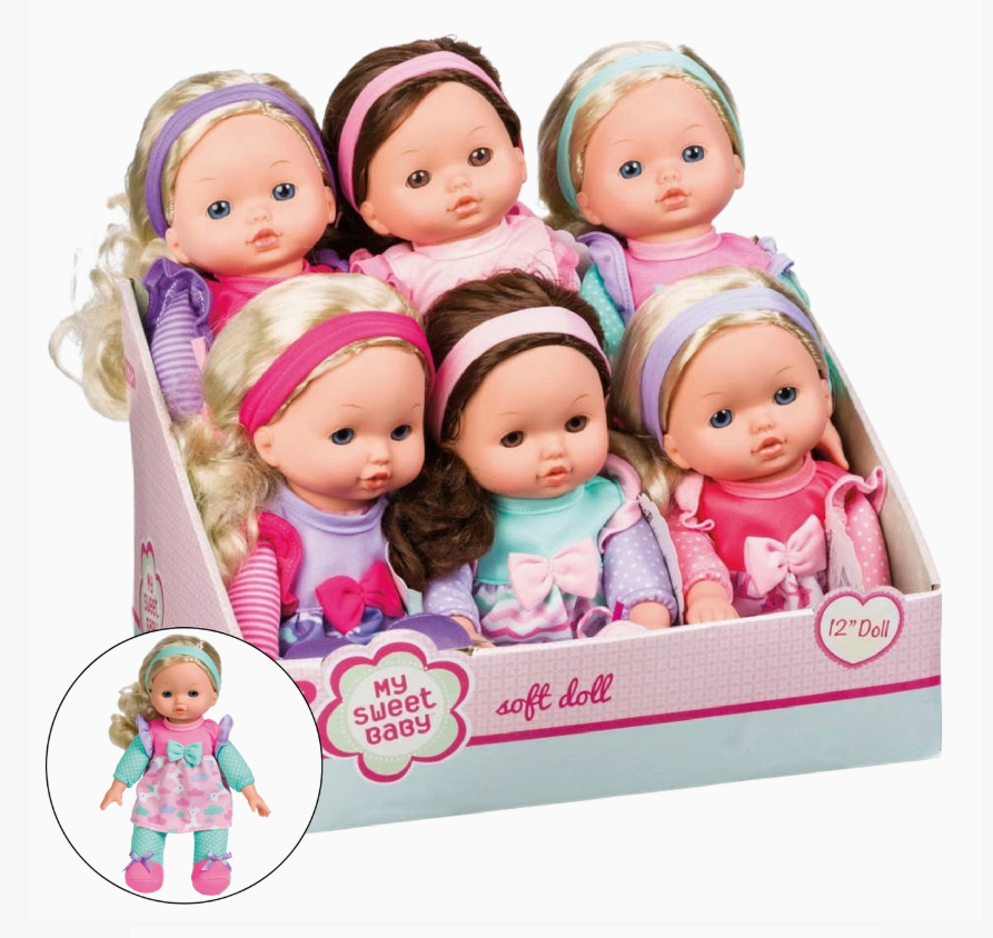 Six Tiny Tot Bundles My Sweet Baby 12" Soft Bodied Dolls, each with unique hair colors and pastel outfits, are displayed in a branded box. A separate doll in green and pink clothes appears in a circle at the bottom left.