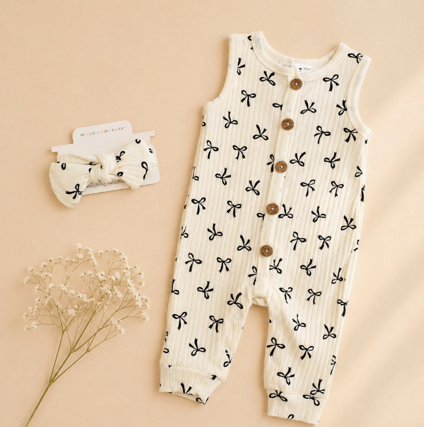 The Little Bows Baby Set by Lollipop Dreams features a cream baby jumpsuit with black bow prints, brown front buttons, and a matching bow headband. Displayed on beige with a sprig of white baby's breath.