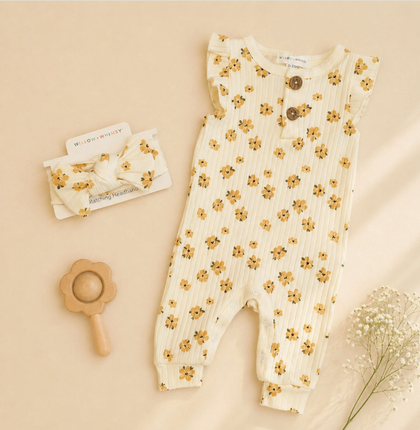 The Honey Bloom Baby Set by Lollipop Dreams features a cream romper with yellow floral print, wooden buttons, ruffled sleeves, and a bow headband, displayed with a flower-shaped rattle and white baby's breath on beige.