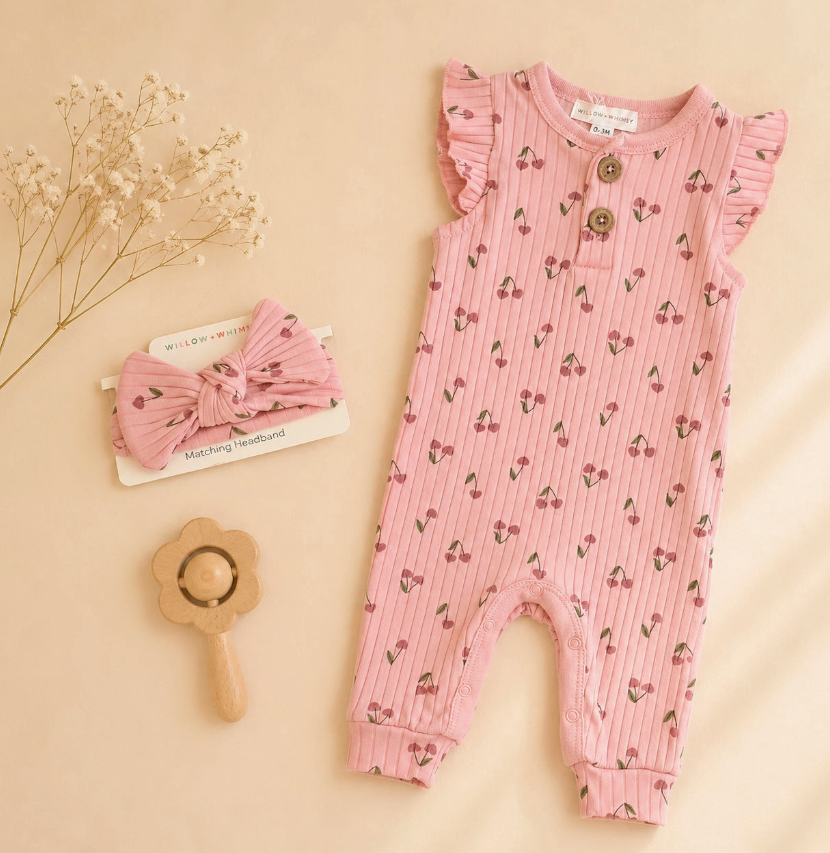 The Rosy Cherry Ribbed Set by Lollipop Dreams, featuring a pink romper with ruffled sleeves, wooden buttons, and a cherry pattern, is displayed with a matching headband, wooden toy flower, and dried flowers on a beige background.