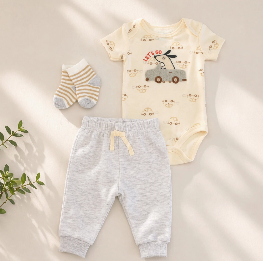 The Lollipop Dreams Puppy Ride 3-Piece Set is displayed on a beige background: cream short-sleeve bodysuit with car print and "LETS GO" text, gray sweatpants with yellow drawstring, and cream/gray striped socks. Greenery in corner.
