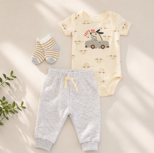 The Lollipop Dreams Puppy Ride 3-Piece Set is displayed on a beige background: cream short-sleeve bodysuit with car print and "LETS GO" text, gray sweatpants with yellow drawstring, and cream/gray striped socks. Greenery in corner.