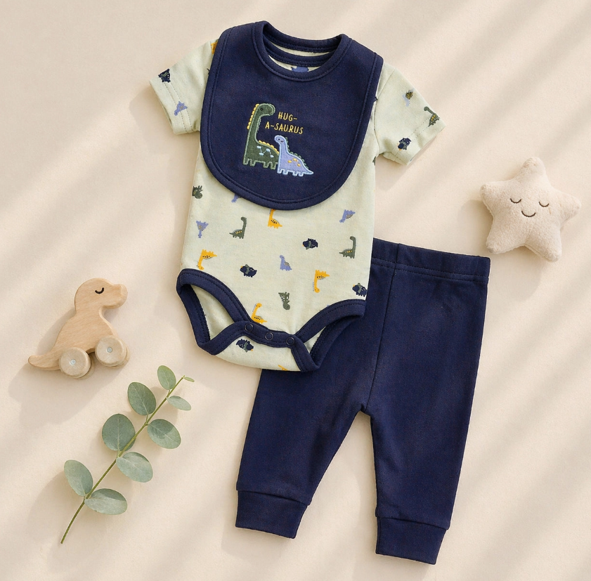 The Dino Snuggles 3-Piece Set by Lollipop Dreams features a dinosaur-themed onesie, matching navy bib, and navy pants. Shown with a wooden dino toy, plush star, and greenery on a beige background.
