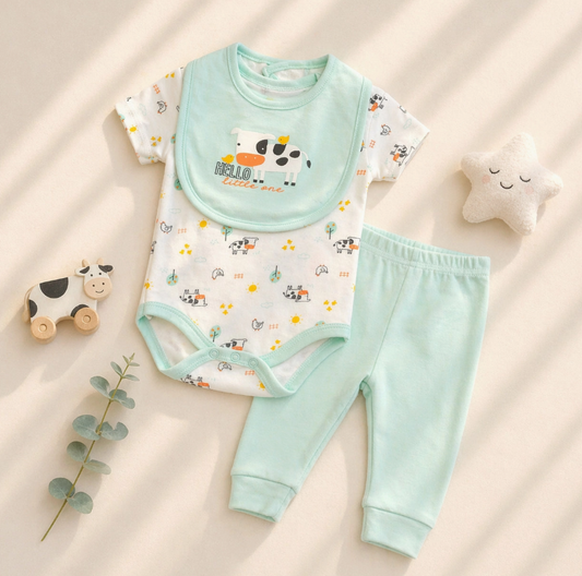 The Mint Moo Baby 3-Piece Set by Lollipop Dreams features a mint green cow-themed onesie, matching pants, and a "Hello little one" bib. Also pictured: toy cow, star plush, and leaves on a light background.
