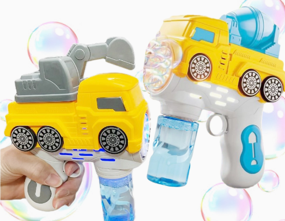 Two Capzone Construction Vehicle LED Light-Up Bubble Guns, yellow with blue accents and clear bubble solution containers—one features a gray excavator arm. Bubbles float in the background.