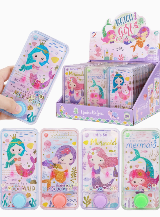 Capzone’s Glittery Mermaid Handheld Water Game features mermaid art, pastel backgrounds, and phrases like “Beach Girl” and “Let’s Be Mermaid.” Shown in-hand and displayed in a box.