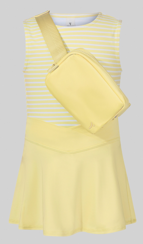 The Sunshine Stripe Skort Set by Tiny Tot Bundles features a sleeveless yellow and white striped outfit with a flared skort, paired with a matching yellow crossbody bag worn across the chest.