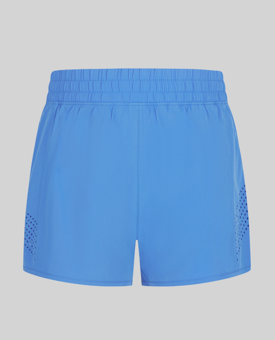The Blue Light Running Short by 90 Degree by Reflex & Yogalicious features an elastic waistband and side perforated panels, shown against a plain white backdrop.