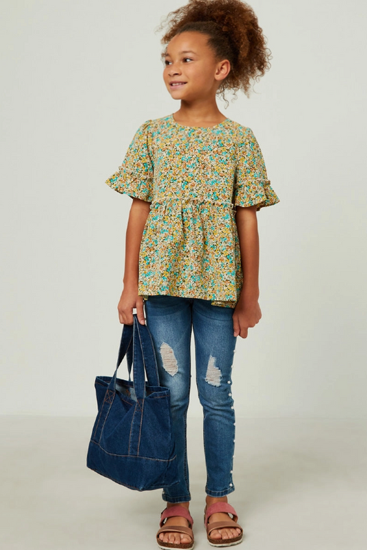 Girls Crinkle Floral Ruffle Sleeve Top